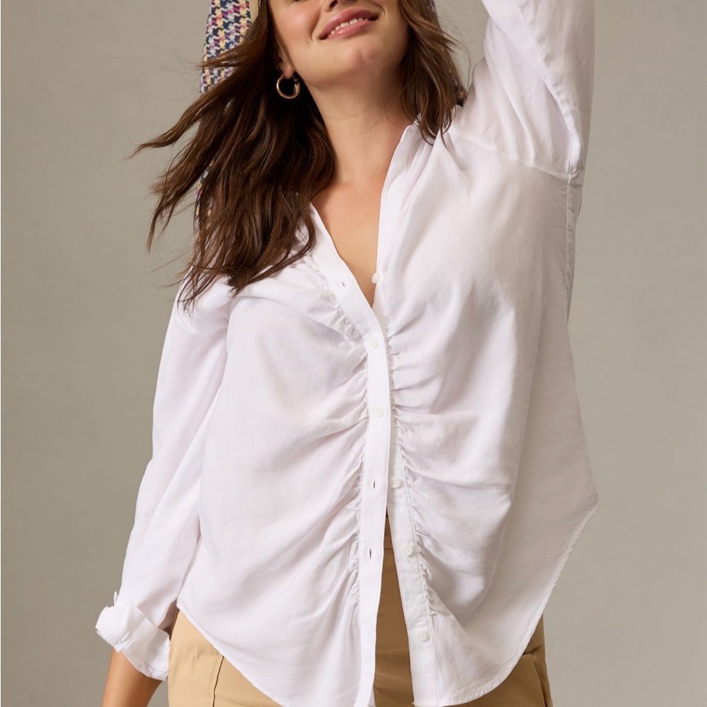 Anthropologie Cloth & Stone White Shirred Buttondown Shirt - Small
